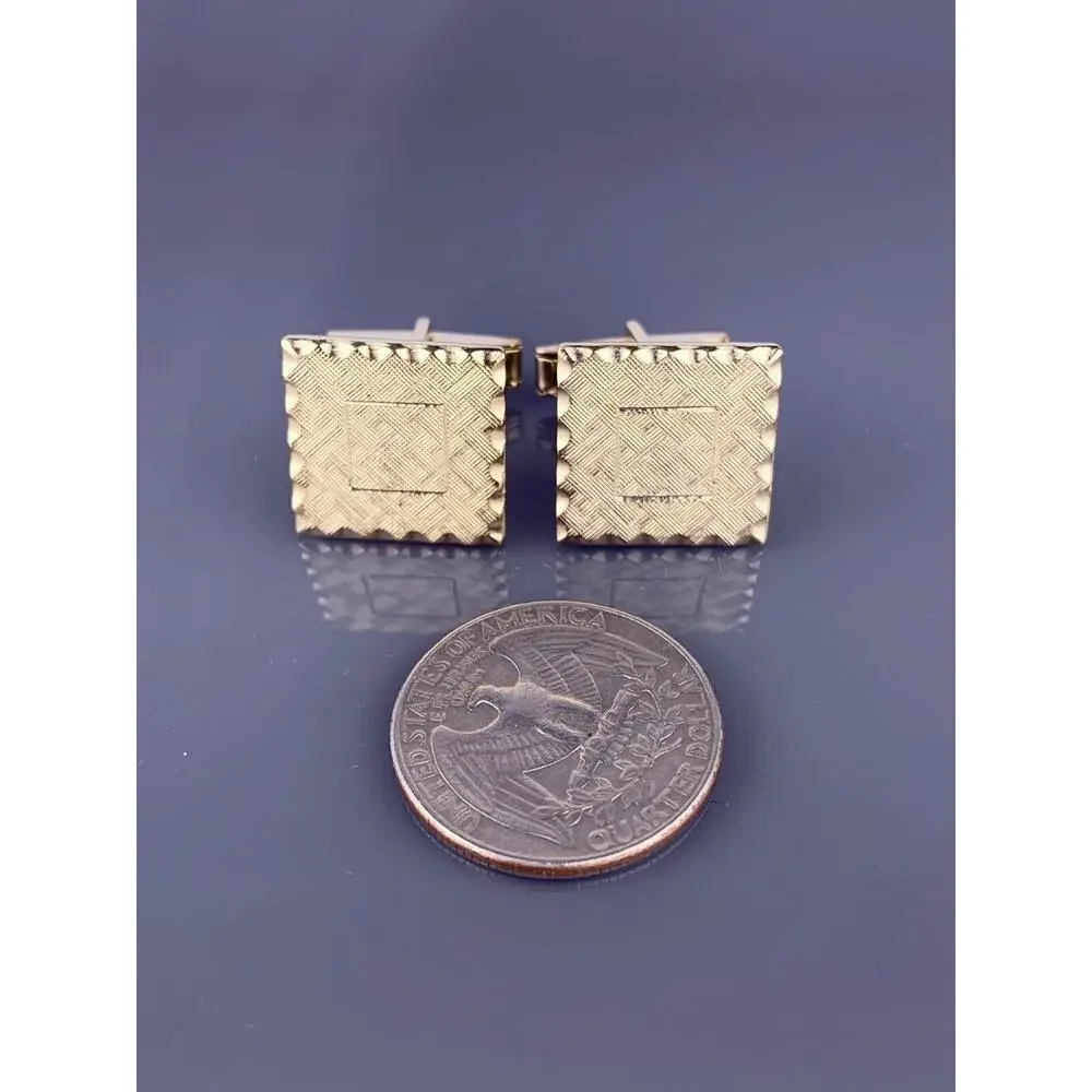Square Carved Edge Gold Tone Cufflinks Textured Face Simple Vintage
